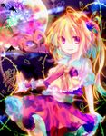  bad_id bad_pixiv_id bat blonde_hair blood flandre_scarlet flower full_moon hair_flower hair_ornament laevatein moon multicolored multicolored_rose no_hat no_headwear purple_eyes purple_flower purple_rose riichu rose short_hair side_ponytail smile solo thorns touhou wings 