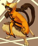  animal_ears animal_hood bad_id bad_pixiv_id blazblue brown_background cat cat_ears cat_hood eyepatch furry highres hood jubei_(blazblue) male_focus multiple_tails red_eyes solo tail 