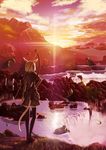  animal_ears arrow bad_id bad_pixiv_id black_legwear bow_(weapon) din_(flypaper) final_fantasy final_fantasy_xiv from_behind hand_on_hip highres landscape leaf miqo'te original pixiv pixiv_festa scenery solo tail thighhighs water waterfall weapon 
