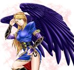  angel_wings bad_id bad_pixiv_id black_wings blonde_hair boots breasts breath_of_fire breath_of_fire_ii bridal_gauntlets chico&amp;aoi dress green_eyes large_breasts legs long_hair nina_(breath_of_fire_ii) side_slit thighs wings 