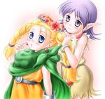  :o bella_(dq5) bianca blonde_hair blue_eyes blush bracelet braid cape dragon_quest dragon_quest_v earrings flower head_wreath jewelry long_hair multiple_girls pointy_ears purple_eyes purple_hair shimusu short_hair smile twin_braids younger 