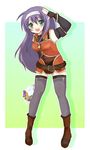  :d belt bouquet breasts elbow_gloves fingerless_gloves fire_emblem fire_emblem:_akatsuki_no_megami fire_emblem:_souen_no_kiseki flower gloves green_eyes hairband headband long_hair medium_breasts miyako_(mongcocoa) open_mouth purple_hair smile solo thighhighs wayu_(fire_emblem) white_hairband zettai_ryouiki 