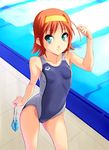  arena_(company) breasts competition_swimsuit covered_nipples goggles goggles_removed green_eyes headband kimi_ga_nozomu_eien norizou_type-r one-piece_swimsuit orange_hair pool poolside refraction short_hair small_breasts solo suzumiya_akane swim_cap swimsuit 