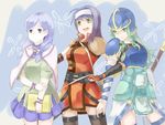  armor bad_id bad_pixiv_id belt blue_armor book breasts cape detached_sleeves fingerless_gloves fire_emblem fire_emblem:_souen_no_kiseki gloves green_eyes green_hair hairband headband helmet ilyana long_hair low-tied_long_hair medium_breasts miniskirt multiple_girls nephenee polearm purple_eyes purple_hair shiina_maru skirt spear thighhighs wayu_(fire_emblem) weapon white_hairband 