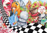  2girls alice_in_wonderland bad_id bad_pixiv_id castle checkered checkered_floor cheshire_cat flower heart mad_hatter march_hare multiple_girls queen_of_hearts red_flower red_rose rose tea white_rabbit yukiyuu 