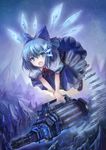  1girl absurdres bad_id bad_pixiv_id blue blue_eyes blue_hair bow bullet cirno flying gatling_gun gun hair_bow highres ice minigun mountain night open_mouth scouter short_hair solo touhou weapon wings yinzhai 