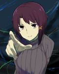  asymmetrical_hair bad_id bad_pixiv_id hair_ornament hair_ribbon hairclip iwakura_lain pointing purple_eyes purple_hair ribbon serial_experiments_lain smile solo sweater tadataka turtleneck 