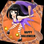  bare_shoulders black_hair breasts broom cleavage grey_eyes halloween hat jack-o'-lantern long_hair medium_breasts original platform_footwear pumpkin sideboob solo thighhighs tung witch_hat 