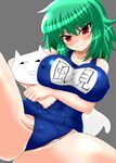 &gt;:) breasts covered_nipples dutch_angle green_hair headlock impossible_clothes impossible_swimsuit kazami_yuuka large_breasts one-piece_swimsuit red_eyes sawa_(snack_yoshie) school_swimsuit short_hair smile solo spread_legs swimsuit touhou v-shaped_eyebrows 