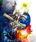  arm_cannon arm_up black_hair black_sun black_wings bow cape fire hair_bow hand_up long_hair nanami_(nanami811) pointing red_eyes reiuji_utsuho solo sun third_eye touhou weapon wings 