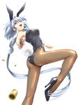  :d animal_ears ass back-seamed_legwear blue_eyes bow bunny_ears bunnysuit casing_ejection fang foreshortening gun handgun heterochromia high_heels lavolpe_(yagisaka_seto) leg_up legs long_hair long_legs open_mouth original pantyhose pistol ponytail purple_eyes seamed_legwear shell_casing shoes sidelocks silver_hair simple_background smile solo tail thighs very_long_hair weapon wrist_cuffs yagisaka_seto 