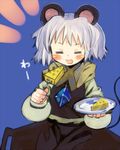  :3 =_= animal_ears bad_id bad_pixiv_id blush_stickers cheese food fork grey_hair jewelry mouse_ears mouse_tail nazrin pendant plate shippoto silver_hair solo tail touhou white_hair 