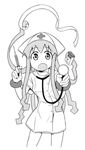  anbe_masahiro bandages bandaid bracelet cosplay greyscale highres ikamusume jewelry monochrome nurse open_mouth shinryaku!_ikamusume solo stethoscope syringe tentacle_hair tentacles 