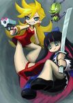  bad_id bad_pixiv_id black_hair blonde_hair blue_eyes chuck_(psg) dress gun hiro1984 long_sleeves multiple_girls official_style panty_&amp;_stocking_with_garterbelt panty_(psg) red_dress short_dress stocking_(psg) sword weapon 