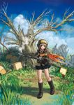  bare_tree bayonet blue_sky boots brown_eyes brown_hair cloud cloudy_sky cube day fence full_body gloves gun hat highres nature original outdoors piranosuke rifle scarf sky solo tree weapon 