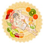  2girls barefoot book dot_(artist) food fruit kiwifruit multiple_girls nail_polish nami_(one_piece) nico_robin one_piece orange painting_nails panties pink_nails reading short_hair side-tie_panties strawberry tony_tony_chopper underwear 