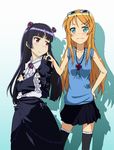  annoyed bad_id bad_pixiv_id bangs black_hair blue_eyes blunt_bangs casual cheek_poking cross crossed_arms eyewear_on_head gokou_ruri gothic_lolita hand_on_hip hand_on_shoulder hime_cut iyakun kousaka_kirino lolita_fashion long_hair multiple_girls orange_hair ore_no_imouto_ga_konna_ni_kawaii_wake_ga_nai poking red_eyes simple_background sunglasses thighhighs 