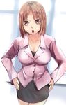  angry breasts brown_eyes brown_hair cleavage formal hakka0320 hands_on_hips jacket large_breasts miniskirt open_mouth pencil_skirt short_hair skirt skirt_suit solo suit swot teacher umekawa 