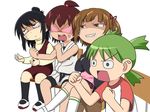  4girls black_hair brown_eyes brown_hair chair crossed_legs crossover gaijin_4koma green_eyes green_hair grin hair_bobbles hair_bun hair_ornament hair_ribbon koiwai_yotsuba marui_futaba marui_hitoha marui_mitsuba mitsudomoe multiple_girls parody pun red_hair ribbon simple_background sitting skirt smile troll_face white_background xusphere yotsubato! 