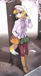  animal_ears apricot_(yamai) bag blonde_hair blue_eyes boots cabbie_hat cherry_blossoms fox_ears fox_tail handbag hat jacket knee_boots original pantyhose plaid plaid_shirt red_legwear shirt short_hair solo tail yamai 