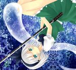  ame_usako aqua_eyes bad_id bad_pixiv_id banned_artist black_hairband ghost hairband katana konpaku_youmu konpaku_youmu_(ghost) silver_hair solo sword touhou upside-down weapon 