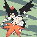  aharan bad_id bad_pixiv_id black_hair black_wings foreshortening geta hands hat looking_at_viewer red_eyes serious shameimaru_aya short_hair solo tengu-geta tokin_hat touhou wings 