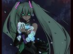  dark flower glowing glowing_eyes hatsune_miku holding long_hair mizuki_aoi petals rose solo twintails vocaloid white_flower white_rose wind 