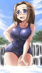 blue_eyes brown_hair cameltoe curvy glasses kamichu! one-piece_swimsuit school_swimsuit shijou_mitsue short_hair solo swimsuit thigh_gap tonpuu wading water 