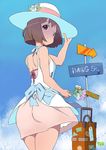  bob_cut brown_eyes brown_hair dress hagiwara_yukiho hat idolmaster idolmaster_(classic) kawasaki_kazuhiko luggage short_hair solo 