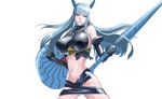  aliasse aliasse_(cosplay) bare_shoulders blue_hair breasts brown_eyes cosplay covered_nipples elbow_gloves gloves huge_breasts long_hair makacoon midriff navel no_panties selvaria_bles senjou_no_valkyria senjou_no_valkyria_1 senjou_no_valkyria_2 simple_background solo 