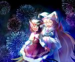  :d aerial_fireworks animal_ears blonde_hair brown_eyes brown_hair cat_ears cat_tail chen earrings fang fireworks fox_tail hands_in_opposite_sleeves hat highres jewelry md5_mismatch multiple_girls multiple_tails nekorin open_mouth short_hair smile tail touhou yakumo_ran 