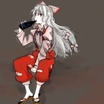  aharan bad_id bad_pixiv_id bottle bow drinking fujiwara_no_mokou hair_bow long_hair pants red_eyes sandals solo suspenders touhou white_hair 