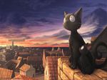  animal black_cat cat cat_focus city dirigible fur jiji_(majo_no_takkyuubin) majo_no_takkyuubin no_humans ocean rooftop sunset yukiman zeppelin 