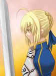  ahoge artoria_pendragon_(all) blonde_hair fate/stay_night fate_(series) green_eyes kanpe ribbon saber solo sword weapon 
