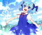  alternate_hairstyle bad_id bad_pixiv_id blue21 blue_eyes blue_hair bow cirno frills hair_bow heart looking_at_viewer open_mouth outstretched_arm short_hair short_twintails smile solo touhou twintails 
