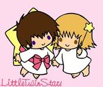  1girl blonde_hair brother_and_sister brown_hair cagalli_yula_athha chibi cosplay crossover gundam gundam_seed kiki_lala kira_yamato little_twin_stars parody purple_eyes ribbon siblings star twins wand yellow_eyes 