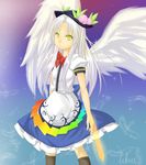  angel_beats! angel_wings bad_id bad_pixiv_id blade cosplay food fruit hand_sonic hat highres hinanawi_tenshi hinanawi_tenshi_(cosplay) libus long_hair namesake peach silver_hair socks solo sword sword_of_hisou tenshi_(angel_beats!) touhou weapon wings yellow_eyes 