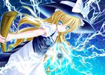  blonde_hair blue_eyes broom electricity glowing glowing_eyes hat hat_ribbon kirisame_marisa long_hair mini-hakkero ribbon sekki short_sleeves solo touhou 