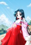  air blue_eyes blue_hair dog hakama highres japanese_clothes kannabi_no_mikoto kimono long_hair miko red_hakama sasaka_yayoi solo 