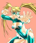  bad_id bad_pixiv_id blonde_hair blue_eyes blue_leotard breasts gloves heart hebina_masayoshi highres large_breasts leotard long_hair mask rainbow_mika signature solo street_fighter street_fighter_zero_(series) twintails 