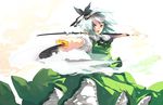  absurdres blue_eyes foreshortening hair_ribbon highres hitodama katana konpaku_youmu konpaku_youmu_(ghost) ribbon scabbard sheath skirt solo sword touhou tsukimoto_aoi weapon white_hair 