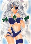  animal_ears bikini braid bunny_ears frills izayoi_sakuya leg_garter long_hair marker_(medium) pastel_(medium) silver_hair solo swimsuit touhou traditional_media twin_braids yadokari_genpachirou 