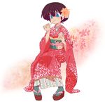  alternate_hairstyle apple-boy blue_eyes eating full_body genderswap genderswap_(mtf) highres japanese_clothes kimono ranma-chan ranma_1/2 red_hair saotome_ranma solo 