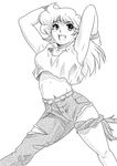  armpits asymmetrical_clothes denim greyscale jeans lune_zoldark midriff monochrome pants shu-z solo super_robot_wars super_robot_wars_original_generation tank_top torn_clothes torn_jeans torn_pants 