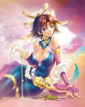  bare_shoulders belt blue_eyes bracelet breasts bridal_gauntlets cleavage elbow_gloves fingernails fuurai_no_shiren gloves hair_ornament jewelry maeda_hiroyuki medium_breasts multicolored_hair narrow_waist oryuu ring sand skin_tight solo thigh_gap 