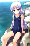  angel_beats! highres long_hair norizou_type-r one-piece_swimsuit school_swimsuit silver_hair sitting solo swimsuit tenshi_(angel_beats!) yellow_eyes 