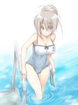  bad_id bad_pixiv_id breasts brown_eyes brown_hair casual_one-piece_swimsuit cleavage covered_navel hair_up large_breasts one-piece_swimsuit original paopao ponytail pool pool_ladder poolside ripples solo swim_cap swimsuit thigh_gap wading water 