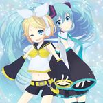  aqua_eyes aqua_hair bad_id bad_pixiv_id blonde_hair detached_sleeves hair_ribbon hatsune_miku headphones kagamine_rin long_hair midriff multiple_girls navel necktie one_eye_closed ribbon shorts twintails very_long_hair vocaloid wogura 