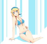  bad_id bad_pixiv_id banned_artist barefoot bikini blonde_hair blue_eyes heroman lina_davis long_hair mozuku navel solo swimsuit 