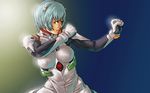  ayanami_rei blue_hair bodysuit breasts clenched_hands fighting_stance hair_ornament large_breasts neon_genesis_evangelion plugsuit red_eyes short_hair take_(draghignazzo) wallpaper white_bodysuit 